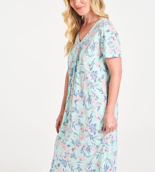 Bonmarche Green_beige 100% Cotton Short Sleeve All Over Floral Print Nightdress, Size_ 24-26