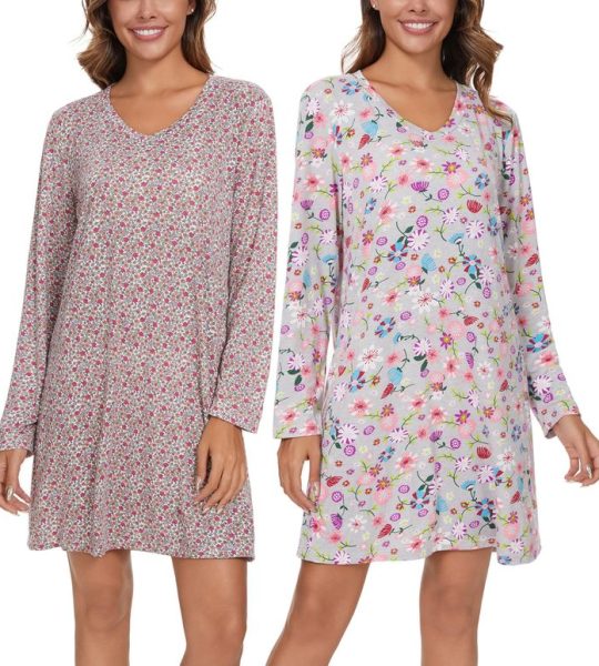 Kabento 2 Pack Long Sleeve Nightgowns for Women Soft Cotton Nightshirts Sleep Dress (1)