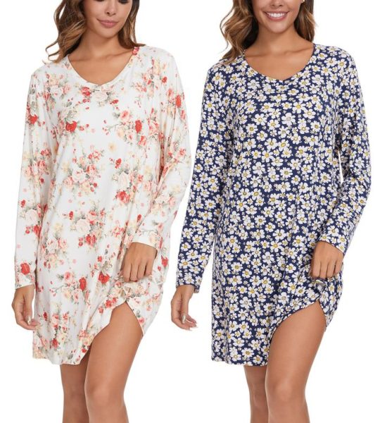 Kabento 2 Pack Long Sleeve Nightgowns for Women Soft Cotton Nightshirts Sleep Dress