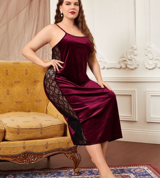 Plus Contrast Lace Velvet Cami Night Dress