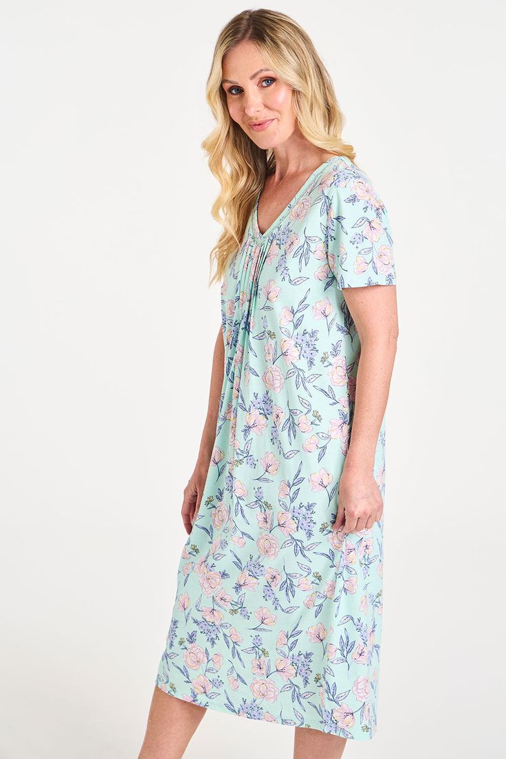 Bonmarche Green_beige 100% Cotton Short Sleeve All Over Floral Print Nightdress, Size_ 24-26