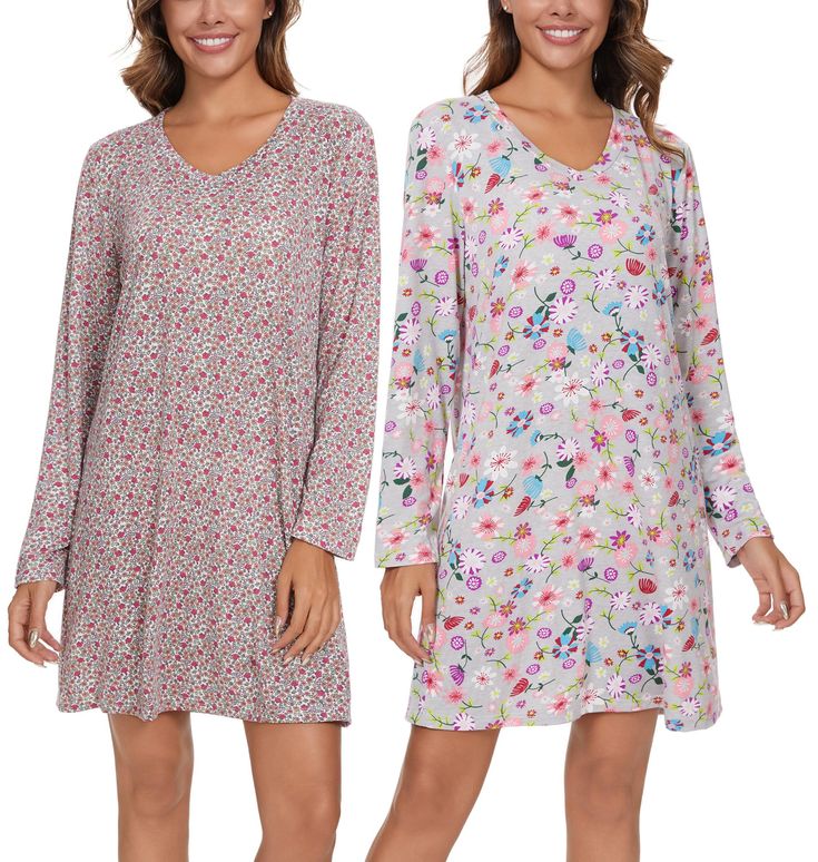 Kabento 2 Pack Long Sleeve Nightgowns for Women Soft Cotton Nightshirts Sleep Dress (1)
