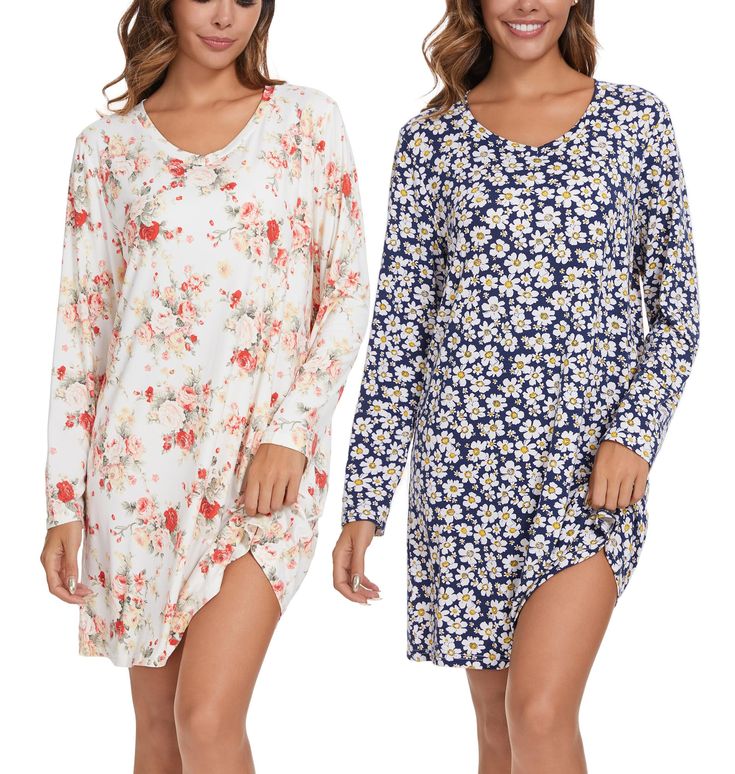 Kabento 2 Pack Long Sleeve Nightgowns for Women Soft Cotton Nightshirts Sleep Dress