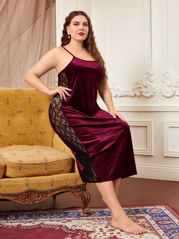 Plus Contrast Lace Velvet Cami Night Dress