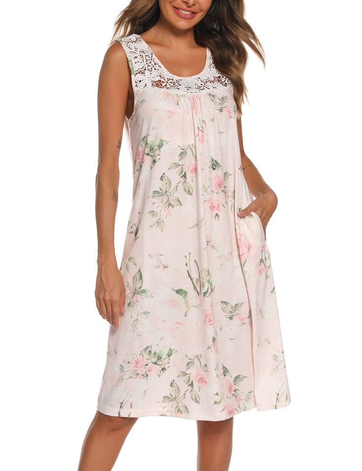 YOZLY Women's Nightgowns Sleeveless Tank Night Gown Lace Sleepwear Nightdress